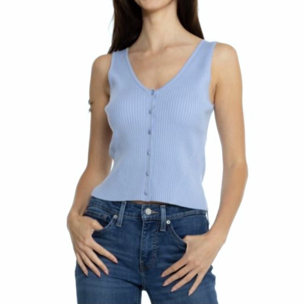 MADEWELL Cate Signature Ribbed Button Front Sweater Tank Sz Large Blue Cropped
